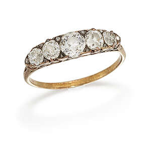 
	
		A late Victorian diamond five stone ring, of half-hoop design set with five graduated...