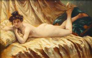 
	
		M Hernandez, Spanish School, early/mid 20th century- Nude reclining on a couch; oil on...