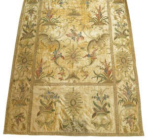 
	
		A 19th century silk velvet panel, with gilt purl chain stitching outlining hand painted...