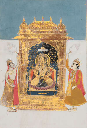 
	
		Two paintings of seated ruler and musicians and worshippers at a shrine, Jaipur,...
