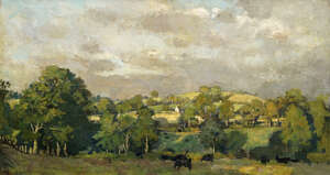 Bernard Dunstan RA, 
		British 1920-2017- 
		 
		Welsh Landscape, c. 1958; 
		 
		oil on canvas, signed with initials, 58x106cm (ARR)
		 
		Provenanc