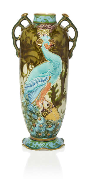 
	
		Mintons (British), an Art Nouveau secessionist-style twin-handled earthenware vase...