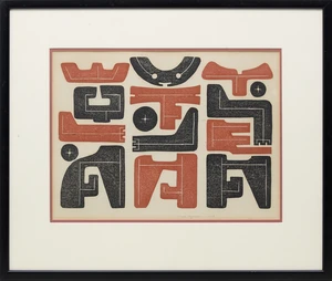 Takumi Shinagawa,&nbsp;Japanese 1908-2009,&nbsp;Pictographs, 1958;&nbsp;woodcut in colours on wove,&nbsp;signed and...