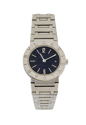 
	
		A stainless steel quartz wristwatch by Bulgari, the black circular dial with Arabic '6'...