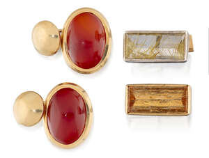 
	
		Two pairs of cufflinks, comprising: a pair of oval cabochon cornelian single stones to...