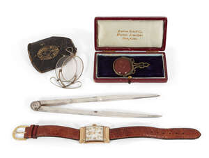 
	
		A Gentleman's Bulova wristwatch, the rectangular white dial decorated with Masonic...