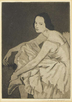 
	
		Dame Laura Knight DBE RA RWS, 
		British 1877-1970- 
		 
		Dancer Resting, 1923; 
		