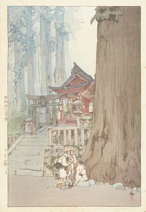 
	
		Hiroshi Yoshida, Japanese 1876-1950, Misty Day in Nikko, 1937, woodblock print in...