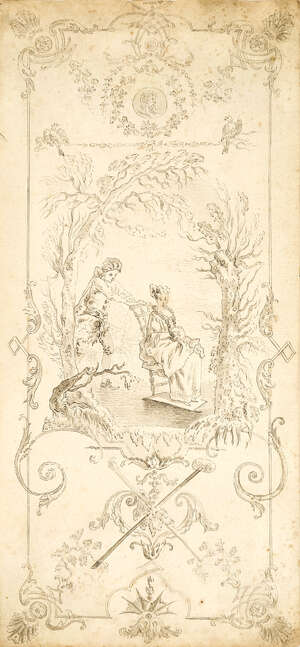 Circle of Louis Crépy,
		French, c. 1680-1754-
		 
		Design for a decorative panel depicting two figures skating; 
		 
		pen and black ink and grey was
