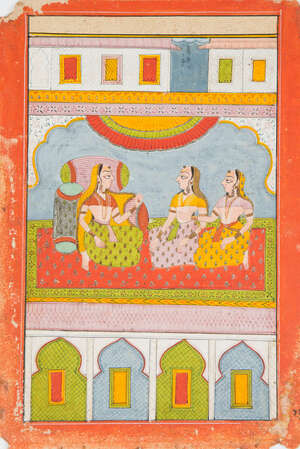 
	
		Women on a terrace, Jodhpur, India, 19th century, opaque pigments on paper, depicting a...