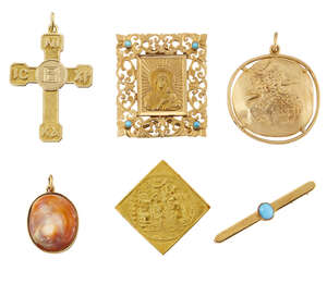 A small group of jewellery, comprising: three religious plaques, including one mounted as a pendant and one as a clip brooch, the openwork frame with turquoise