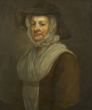Circle of William Hogarth FRSA, 
		 
		British 1697-1764- 
		 
		Portrait of a lady, half-length, turned to the left wearing a brown dress with white sca