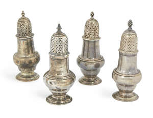 A George II silver pepper pot, London c.1751, Samuel Wood, of baluster form, 12cm, together  another, London c.1765, James Jenning, of similar form and two by 