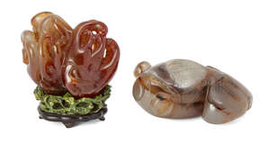 
	
		A Chinese agate finger citron carving, 18th century, on carved and stained ivory fitted...