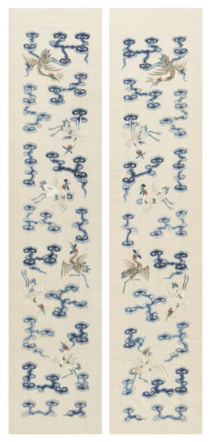 
	
		A pair of Chinese silk embroidered sleeves, late Qing dynasty, decorated with cranes in...