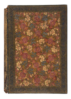 
	
		A large polychrome lacquered floral bookcover, Kashmir, India, early 19th century, the...