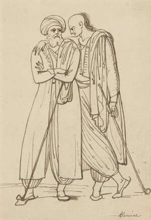 Circle of William Havell, 
		British 1782-1857-
		 
		Two men standing full-length; 
		 
		pen and brown ink, inscribed Venice, 16.5x11.5cm (mounted, un