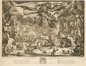 After Jacques Callot, 
		French 1592-1635- 
		The Temptation of St. Anthony; 
		etching on laid paper (restrike), bears stamp for Amsler & Ruthardt to the r