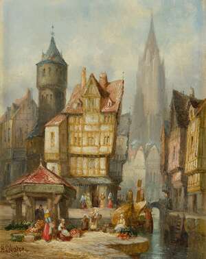
	
		Henry (Henri) Schäfer, 
		 
		French 1833-1916- 
		 
		Views of a European town;...