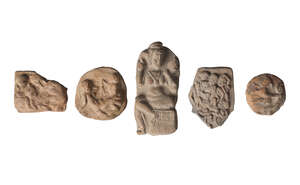 
	
		Five Indian terracotta votive plaques, Shunga period, 1st century BCE, decorated with...