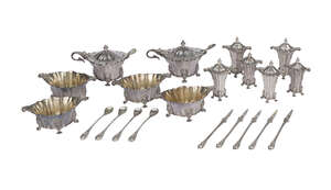 
	
		A silver cruet set, London c.1919, Robert Frederick Fox, comprising four salts and...