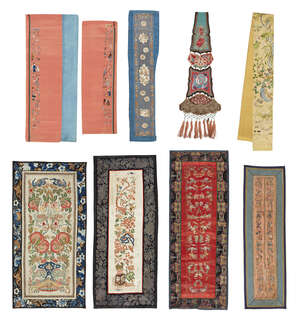 
	
		A collection of Chinese silks, 18th-19th century, to include embroidered sleeves and...
