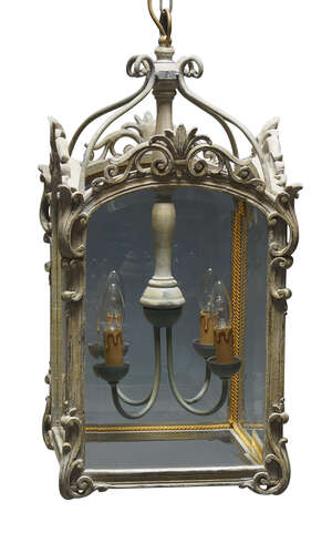 
	
		An Italian style painted wood ceiling light, 20th Century, of rectangular form with four...