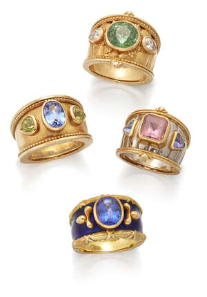 
	
		A group of four gem and diamond rings, by Theo Fennell, set with tanzanite, peridot and...