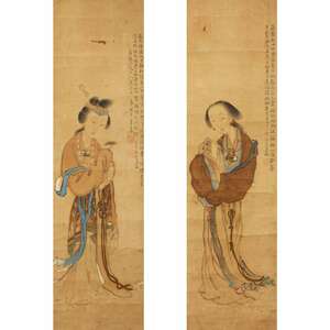 
	
		19th century Chinese school, a pair of paintings of ladies, ink and colour on paper, each...