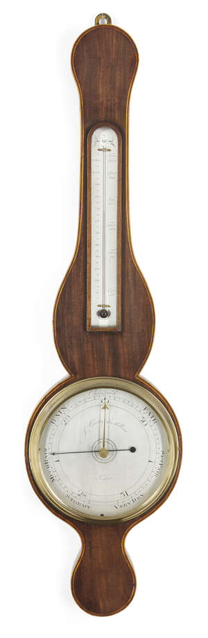 
	
		A George III mahogany and boxwood strung combination wheel barometer/thermometer, by...