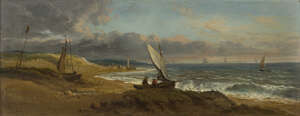 
	
		John Moore of Ipswich, 
		 
		British 1820-1902- 
		 
		Coastal scene with storm;...