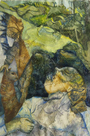 
	
		British School, late 20th century- Figure in a landscape; acrylic, mixed media collage,...