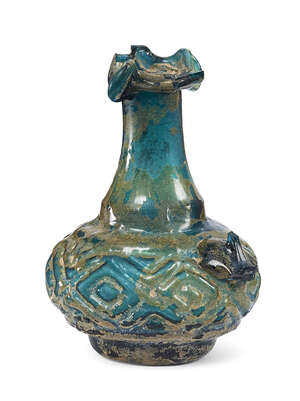 
	
		A small moulded turquoise glass bottle, Iran, 12th-13th century, with ring foot, tapering...