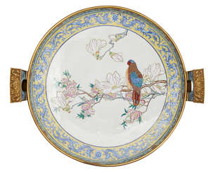 
	
		A large Chinese gilt metal and enamel twin handled dish, late 19th century, painted to...