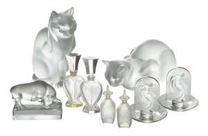 
	
		Lalique, two clear and frosted glass models of cats
		Modern, engraved Lalique...