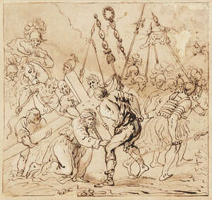 Manner of Sir Peter Paul Rubens, 
		18th century- 
		 
		Scene from the Passion of Christ; 
		 
		pen and brown ink on laid paper, bears inscription in 