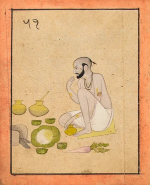 A hermit, Chamba, North India, circa 1800,&nbsp;
Opaque pigments on paper, sitting, taking his meal,...