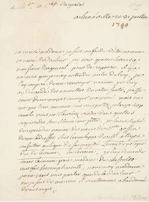 
	
		Voltaire(F.M.A. de, 1694-1778)One page note ms note,18 lines to Jeanne Grace d'Argentail...