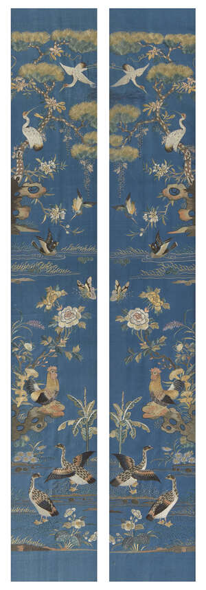 
	
		A pair of Chinese silk embroidered sleeves, early 20th century, decorated with a...