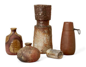 
	
		A small group of Japanese studio pottery, 20th century, to include four varying vases...