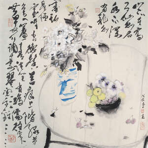 
	
		Liu Guohui (b.1940), ink and colour on paper, two vases with flowers, signed with various...