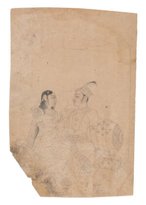 
	
		A drawing of a Prince and courtesan, Kishangarh, India, circa 1820, ink on paper, the...