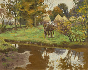 
	
		Thomas Corsan Morton, 
		Scottish 1859-1928- 
		 
		After haymaking; 
		 
		oil on...
