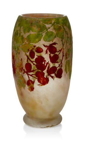 
	
		Daum (French), a vitrified cameo glass vase decorated with rose-hips 
		c.1910, wheel...