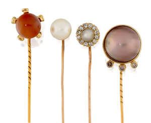 
	
		Four stick pins, comprising: an untested pearl and old-cut diamond cluster, diam. 0.9cm;...