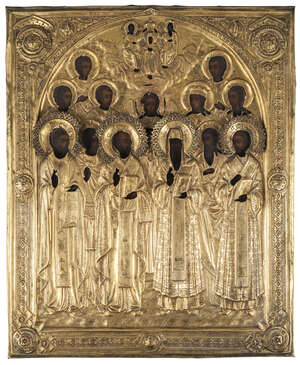 
	
		A Russian icon of the Holy Trinity with thirteen saints , 19th Century,  tempera on...