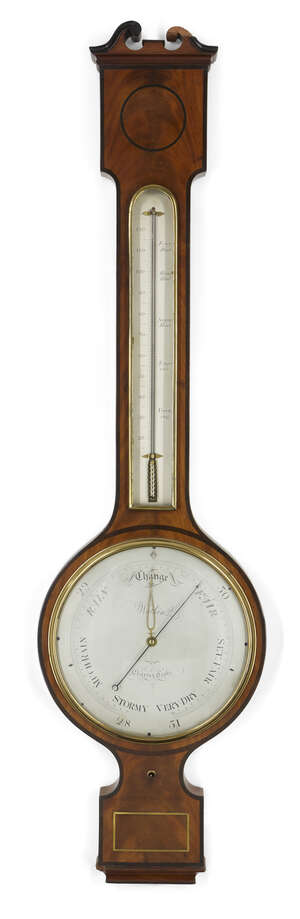 
	
		A George III mahogany combination wheel barometer/thermometer, late 18th century, with...