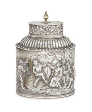
	
		A Dutch silver tea caddy, second half 20th century, of oval form with repousse tavern...