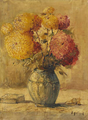 
	
		Gustave Helinck, 
		Belgian 1884-1954- 
		 
		Floral still life with chrysanthemums in...