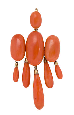 
	
		A late 19th century gold mounted coral brooch/pendant, designed as a central oval...